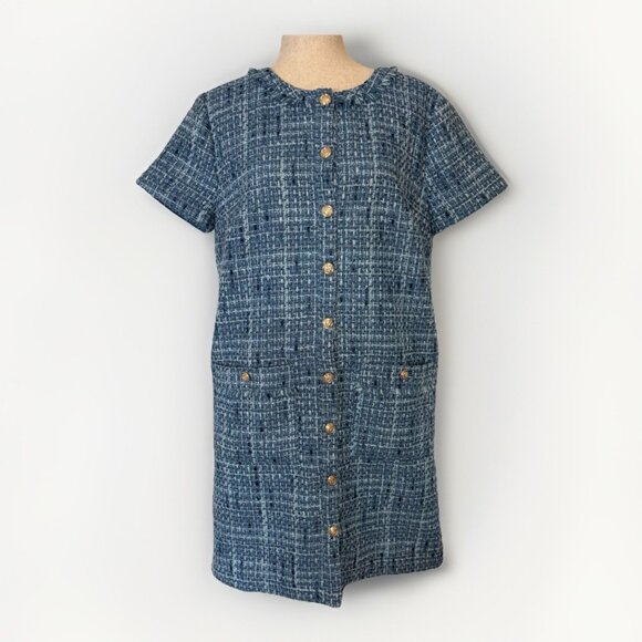 LOFT Womens Tweed Mini Pocket Dress 12 Blue Gold Buttons Fringe Old Money 60s - Picture 3 of 16